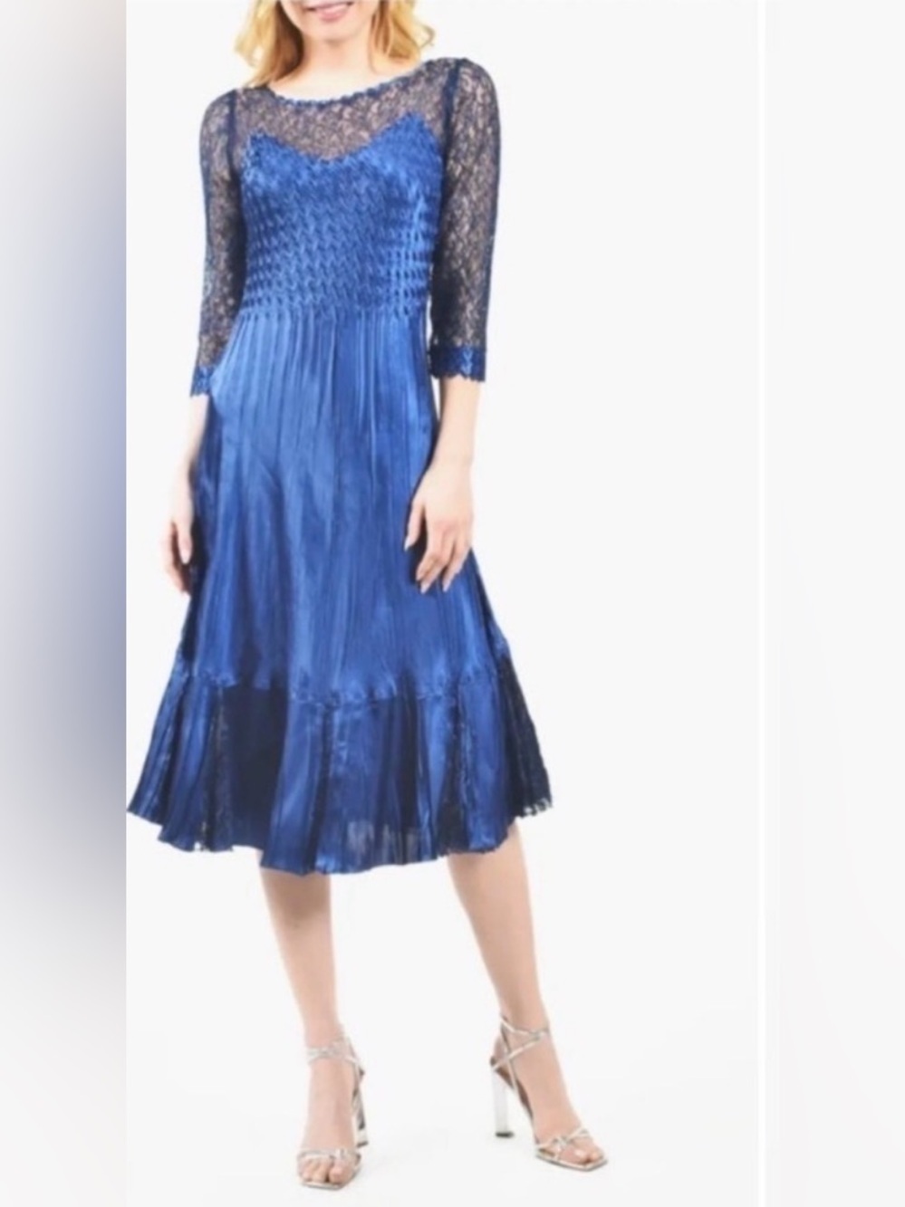 NWOT KOMAROV ILLUSIONS LACE & CHIFFON NAVY MIDI COCKTAIL DRESS sz S